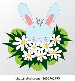 Easter Bunny with chamomiles. Kids design. Cute rabbit.
