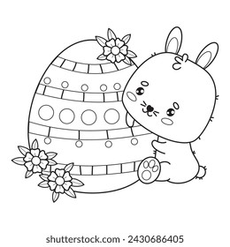 Easter bunny character with big paschal egg. Animal outline kawaii character. Vector illustration. Line drawing, coloring book. Kids collection.