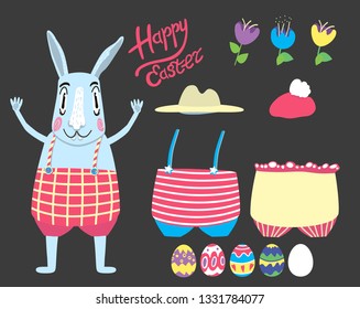 Easter bunny, character constructor. Suitable for animation, all parts of the body on a separate layer.