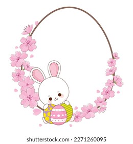 personaje de conejo de pascua lindo huevos enmarcar flor sakura