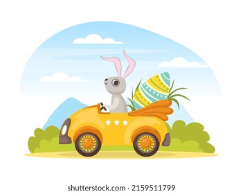 Easter Bunny Character Driving Car with Decorated Colored Eggs Vector Illustration
