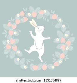 Easter Bunny character. Happy running and dancing bunny. Flower strawberry frame silhouette
