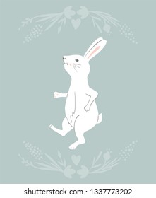 Easter Bunny character. Happy running and dancing bunnies. Flower frame silhouette