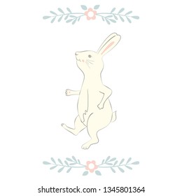 Easter Bunny character. Happy running and dancing bunnies. Flower frame silhouette
