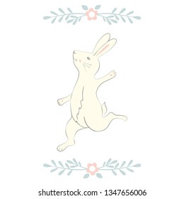 Easter Bunny character. Happy running and dancing bunnies. Flower frame silhouette. Isolated on white background.