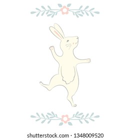 Easter Bunny character. Happy running and dancing bunnies. Flower frame silhouette. Isolated on white background.