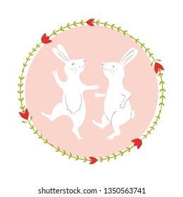 Easter Bunny character. Happy running and dancing rabbits. Flower frame silhouette. Isolated on white background
