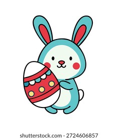 Easter bunny character holding a patterned egg, celebrating the spring holiday. Cute cartoon illustration on white background