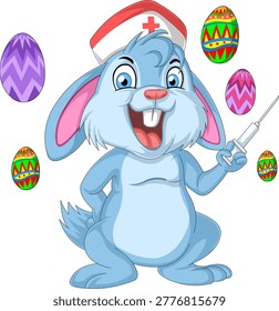 Easter bunny character wearing a nurse outfit and medical hat with decorated Easter eggs.