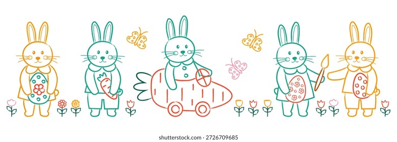 Easter bunny characters celebrating Easter with baskets, painting eggs, planting flowers. Cute cartoon rabbits illustration in spring holiday design hand drawn style.