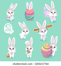 Easter bunny characters. Cute rabbit with easter egg cartoon bunnies vector illustration set