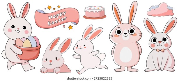 Osterhase Zeichen mit Eiern Kuchen Wolken Frühling Urlaub süß Pastellfarben Vektorgrafik