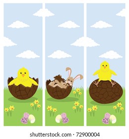 Easter Bunny, Chick and chocolate egg vertical banners.