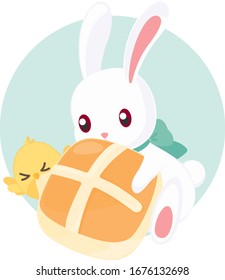 Easter Bunny and Chick Eating Hot Cross Bun