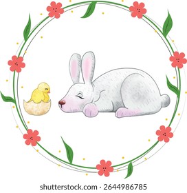 Easter bunny and chick in an egg. Vector image for Easter holiday
