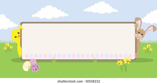 Easter bunny and chick holding a blank Easter banner in a spring meadow.