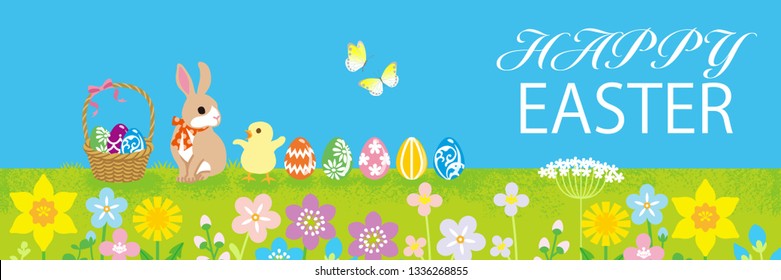 Easter bunny and Chick playing in the spring nature, Including greeting words “HAPPY EASTER" 