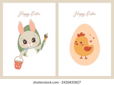 Easter bunny and chick. Set of cute cards.