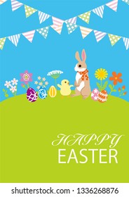 Easter bunny and Chick in the spring nature with bunting decoration, Including greeting words “HAPPY EASTER”