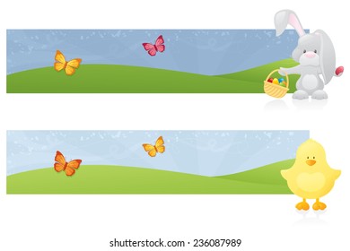 Easter bunny and chick with spring scene banners.