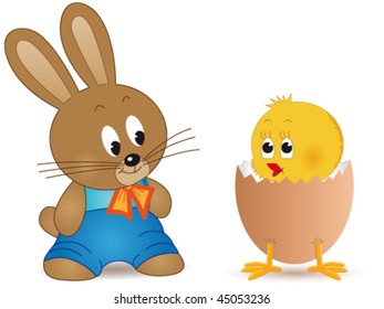 Easter bunny and chick - vector illustration