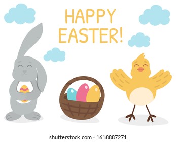 Easter bunny and chicken. Cute characters. Basket with easter eggs. Suitable for festive decor.