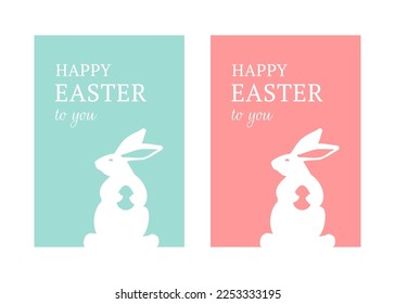 Easter bunny with chicken egg vintage greeting card set design element Christianity holiday congrats vector flat illustration. Rabbit hare eggshell cute animal character religious festive celebration