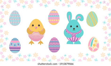 Easter bunny, chicken and eggs.
