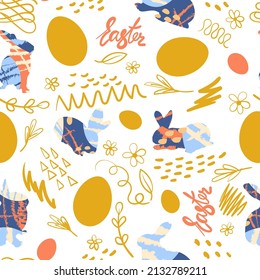 Easter Bunny and Chicken Eggs Floral Holiday Happy Background. Vector