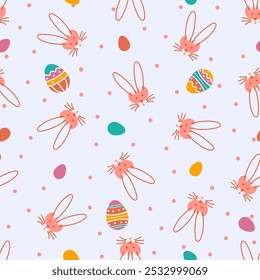 Easter Bunny and Chicken Eggs. Holiday Happy Background. Cartoon Creative Vector 