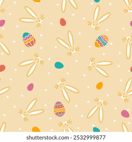 Easter Bunny and Chicken eggs. Holiday Happy Background. Cartoon Creative Vector 