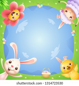 Easter bunny chicken flower and lamb on spring landscape with easter eggs celebrate Easter - down view
