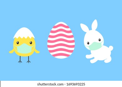 Easter Bunny and Easter chicken with a medical mask on their faces. Easter and quarantine 2020