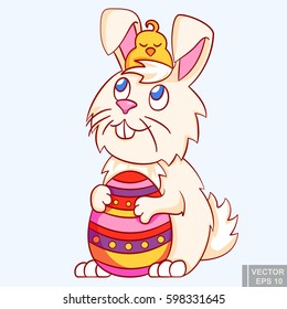 Easter Bunny with chicken on head holding ornate easter egg and smiling. cartoon vector illustration