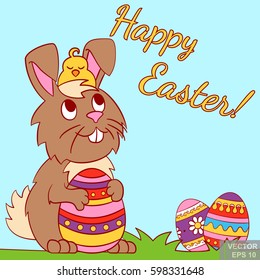Easter Bunny with chicken on head holding ornate easter egg and smiling. cartoon vector illustration