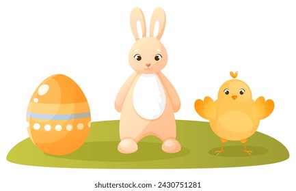 Easter bunny, chicken, and painted Easter egg. A cute pink rabbit is standing, a yellow chicken is flapping its wings. Cute characters for Easter card or children's book