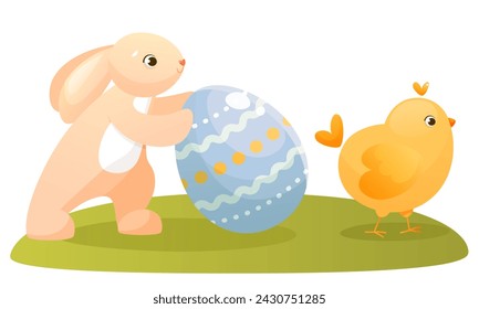 Easter bunny, chicken, and painted Easter egg. Cute pink bunny pushes easter egg forward, yellow chicken goes, egg hunt. Cute characters for Easter card or children's book