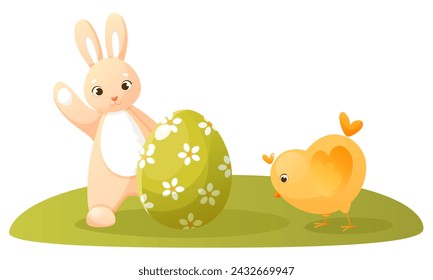 Easter bunny, chicken, and painted Easter egg. A cute pink rabbit waves its paw behind an Easter egg, a yellow chicken pecks at grass. Cute characters for Easter card or children's book