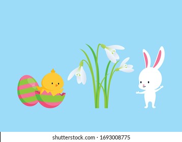 Easter bunny and chicken with snowdrops vector. Easter greeting card with copy space for text. Easter icon set. Cute chick and bunny vector. Easter animals and snowdrops vector