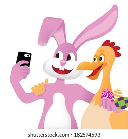 Easter bunny and chicken take a selfie  EPS 10 vector
