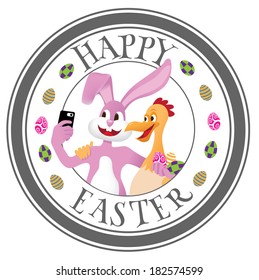 Easter bunny and chicken take a selfie stamp EPS 10 vector