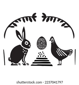Easter bunny and chicken whimsical illustration. Spring holiday cute animal vector.