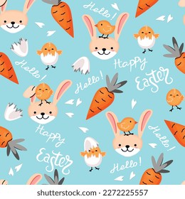 Conejito de Pascua y pollos en una concha de huevo.Colorido patrón de repetición sin fisuras sobre el fondo azul.Cabeza de conejo, zanahoria y texto manuscrito.Cuto papel pintado interminable.Dibujo de dibujos animados de estilo plano.