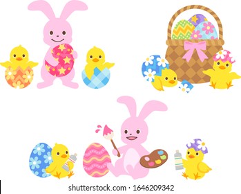 Easter bunny and chicks illustration set
(Painting Easter eggs, A basket containing Easter eggs, holding a Easter egg, Chicks born from eggs)