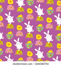 Easter bunny and chicks pattern on purple
