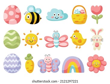 Easter bunny chicks and spring flowers funny  isolated on white background. vector Illustration.