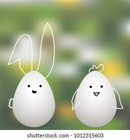 Easter bunny and chiken on background