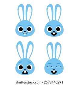 Easter bunny child character in pastel colors with different facial expressions, happy, afraid, surprised and smiling.