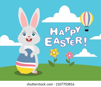 conejito de Pascua con huevo de chocolate, ilustración de Pascua feliz, conejito feliz en un hermoso paisaje