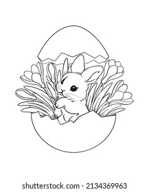 Easter bunny in a chocolate egg with spring flowers coloring one line drawn illustration of spring holiday easter, cute bunny, crocuses and snowdrops. Vector drawing for printing.